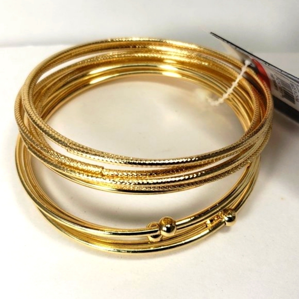 Gold tone Bangle Bracelets Set of 11 - Polished and Textured Design